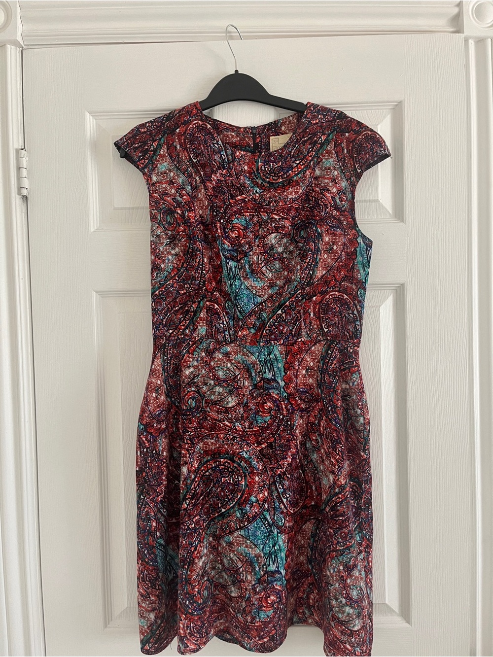 Cap-Sleeve Paisley Print Dress in Red and Teal